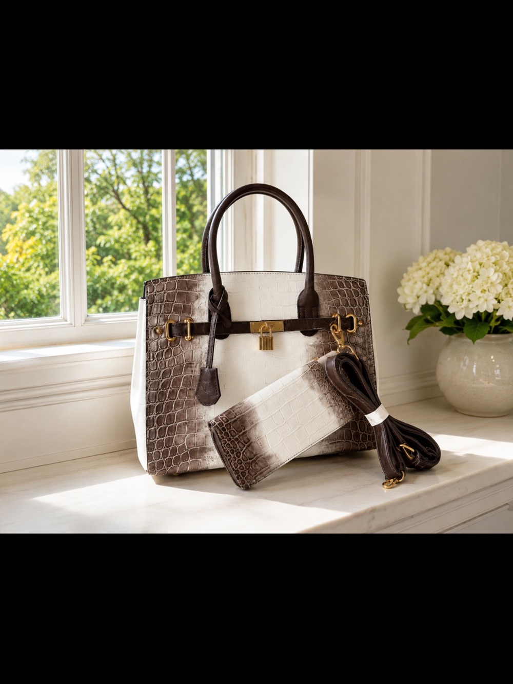 Two-Tone Brown and Cream Croc-Embossed Satchel with Detachable Strap